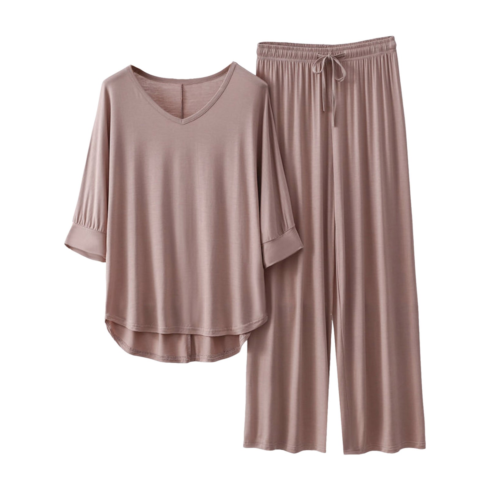 Conjunto de pijama de manga 3/4 para mujer: top con cuello en V y pantalones con cintura elástica, tejido de poliéster, ropa informal para estar por casa - Tallas L/XL
